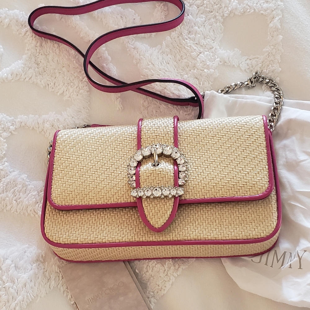 Jimmy Choo Cream and Pink Crossbody Bag with Decorative Buckle